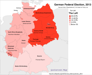 Map illustrating East-West divide in voting patterns in the 2013 German Federal Elections. 